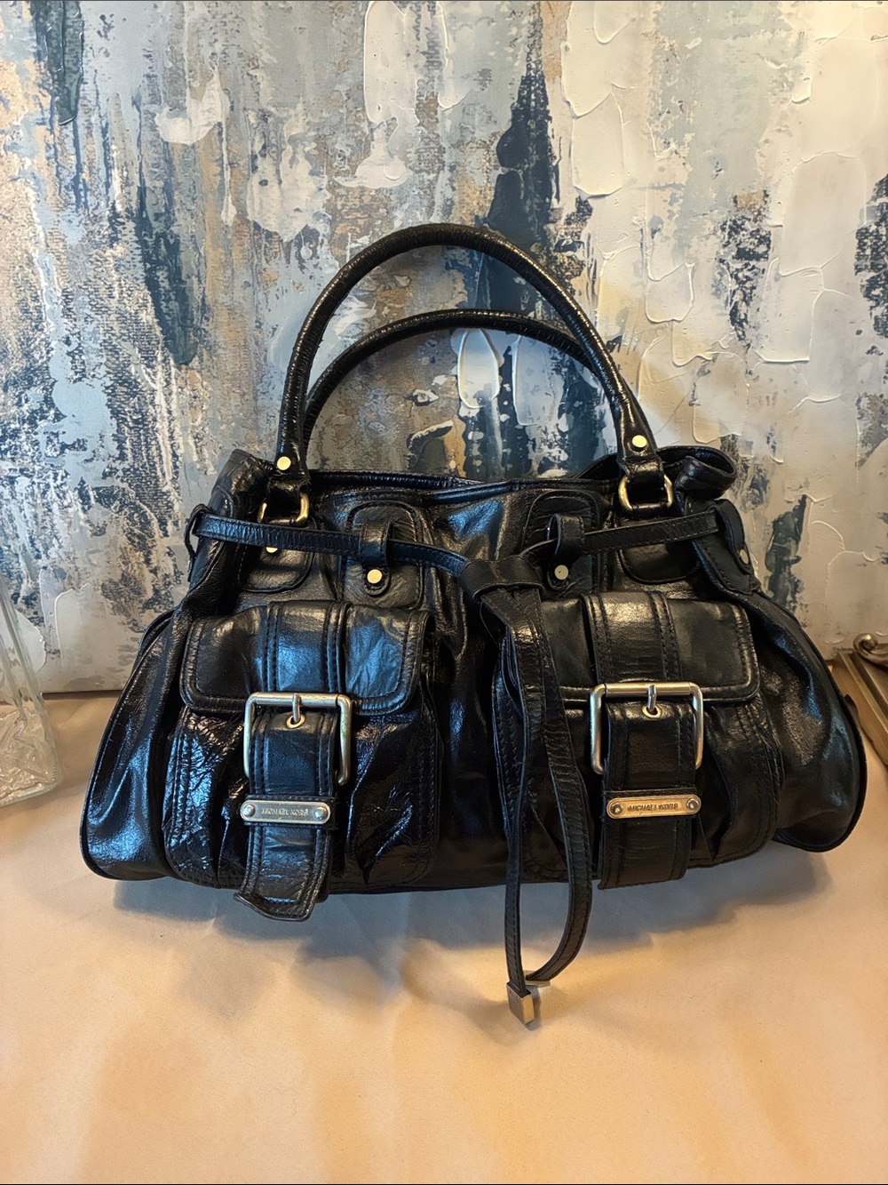 Genuine Michael Kors Black Leather Buckle-Detail Shoulder Bag